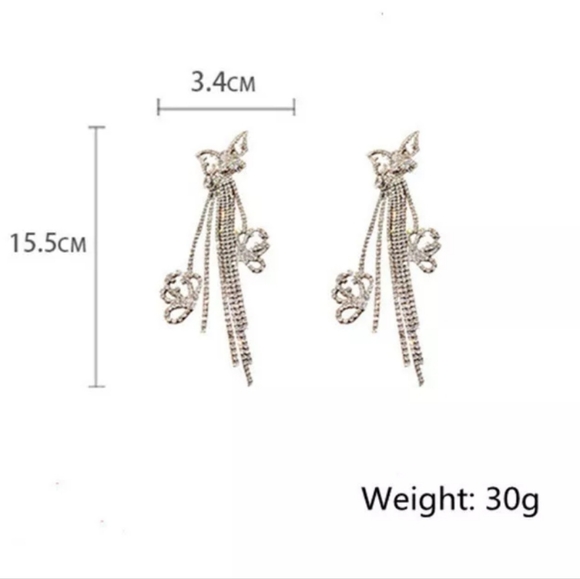 Long butterfly rhinestone earrings Bling Formal Party Jewelry Sexy Sparkle Prom - Picture 3 of 4